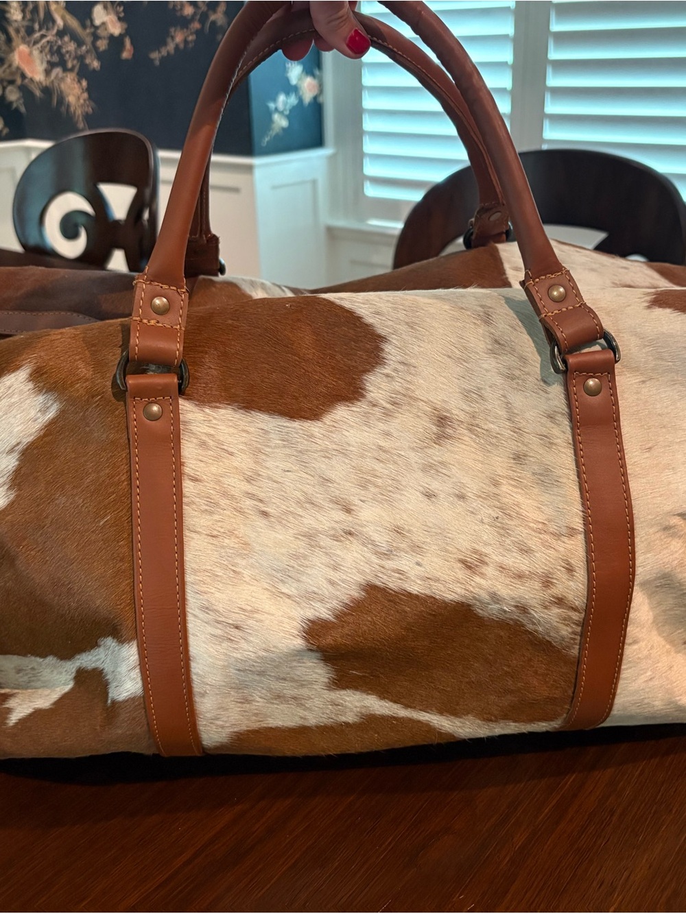 Cowhide Duffel Bag with Tan Leather Trim - Brown & White